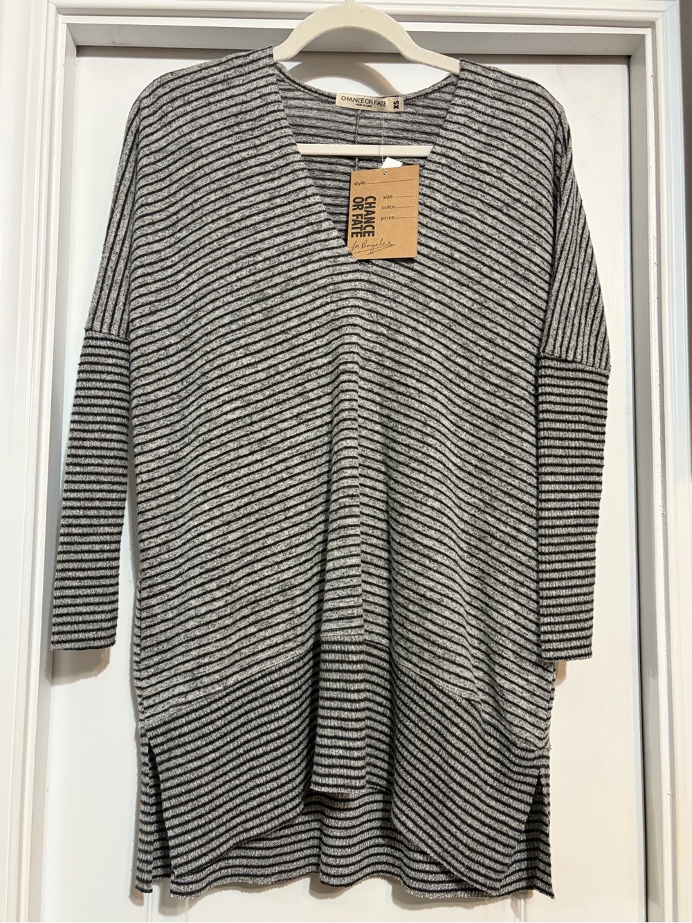 NWT. Chance or Fate Gray and Black Striped V-Neck Tunic